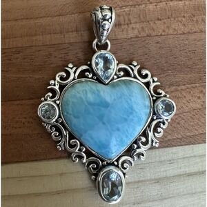 Collins Fine Jewelry Heart Pendant 1.875 Inch Larimar Topaz 925 Sterling 8.8g